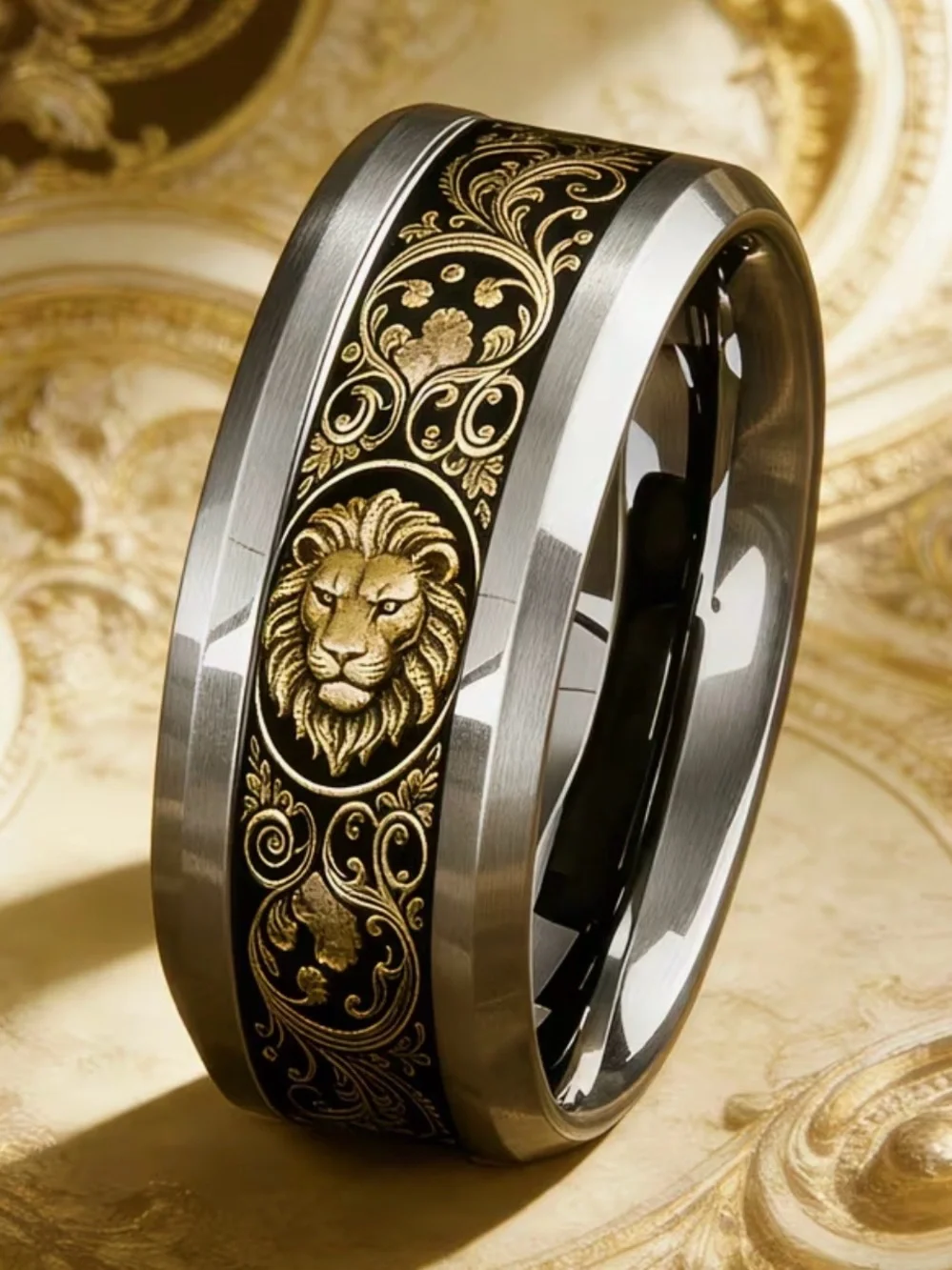 Men's 304 Stainless Steel Gold Lion Head Scroll Ring